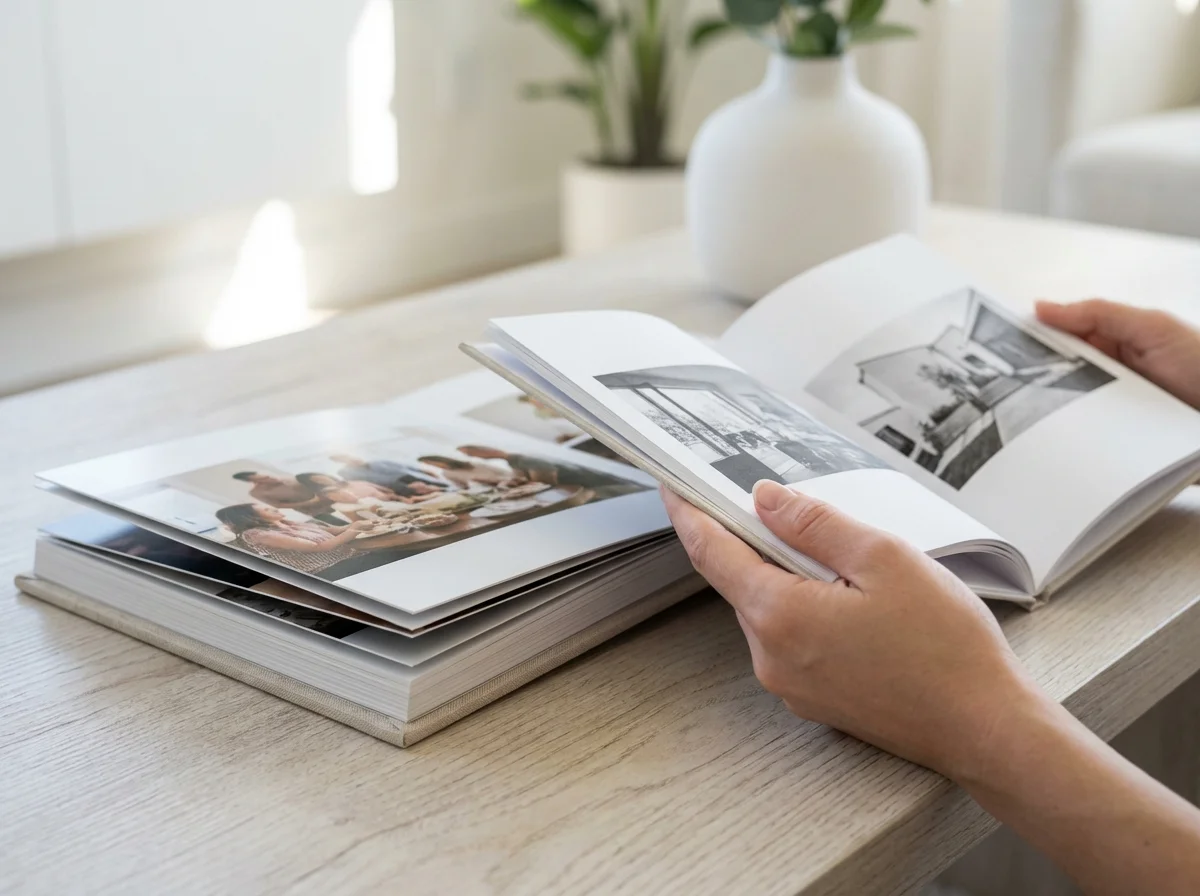 A person's hands turn pages of a photo album filled with memories on a light wooden table.