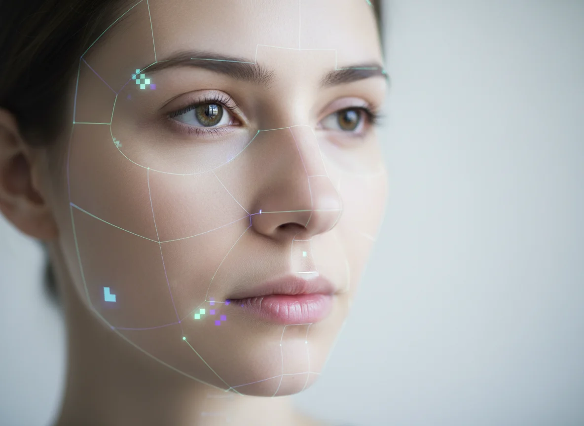A close-up of a woman's face with a futuristic digital grid and glowing points overlaid, suggesting facial recognition techno