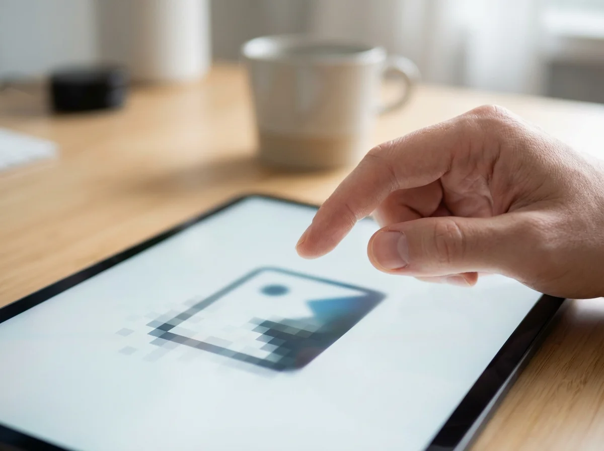 A person's hand taps on a tablet displaying a pixelated image icon on a wooden desk with a blurry background.