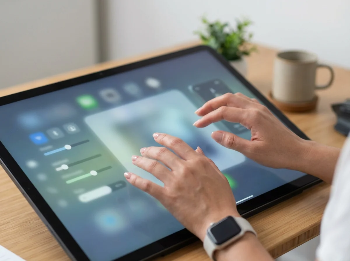 A close-up shot of hands interacting with a large digital tablet displaying a user interface with sliders and app icons.