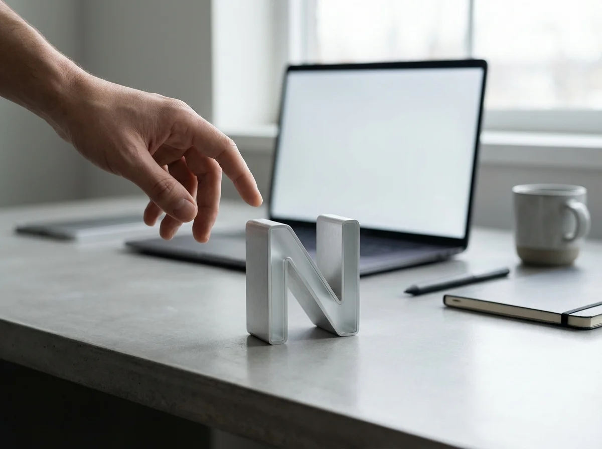 A person's hand reaches towards a sleek metallic letter 'N' on a modern desk with a laptop, mug, and notebook.