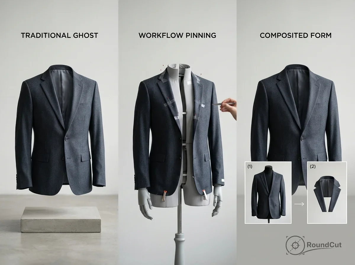 Image showcases three suit jacket photography methods: traditional ghost, workflow pinning on a mannequin, and a...