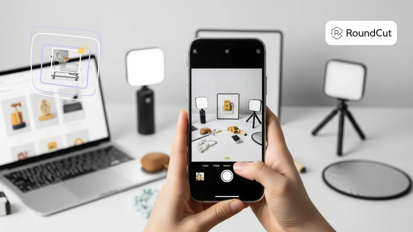 A pair of hands holds a smartphone displaying a camera interface focused on a flat lay arrangement of small items and photogr