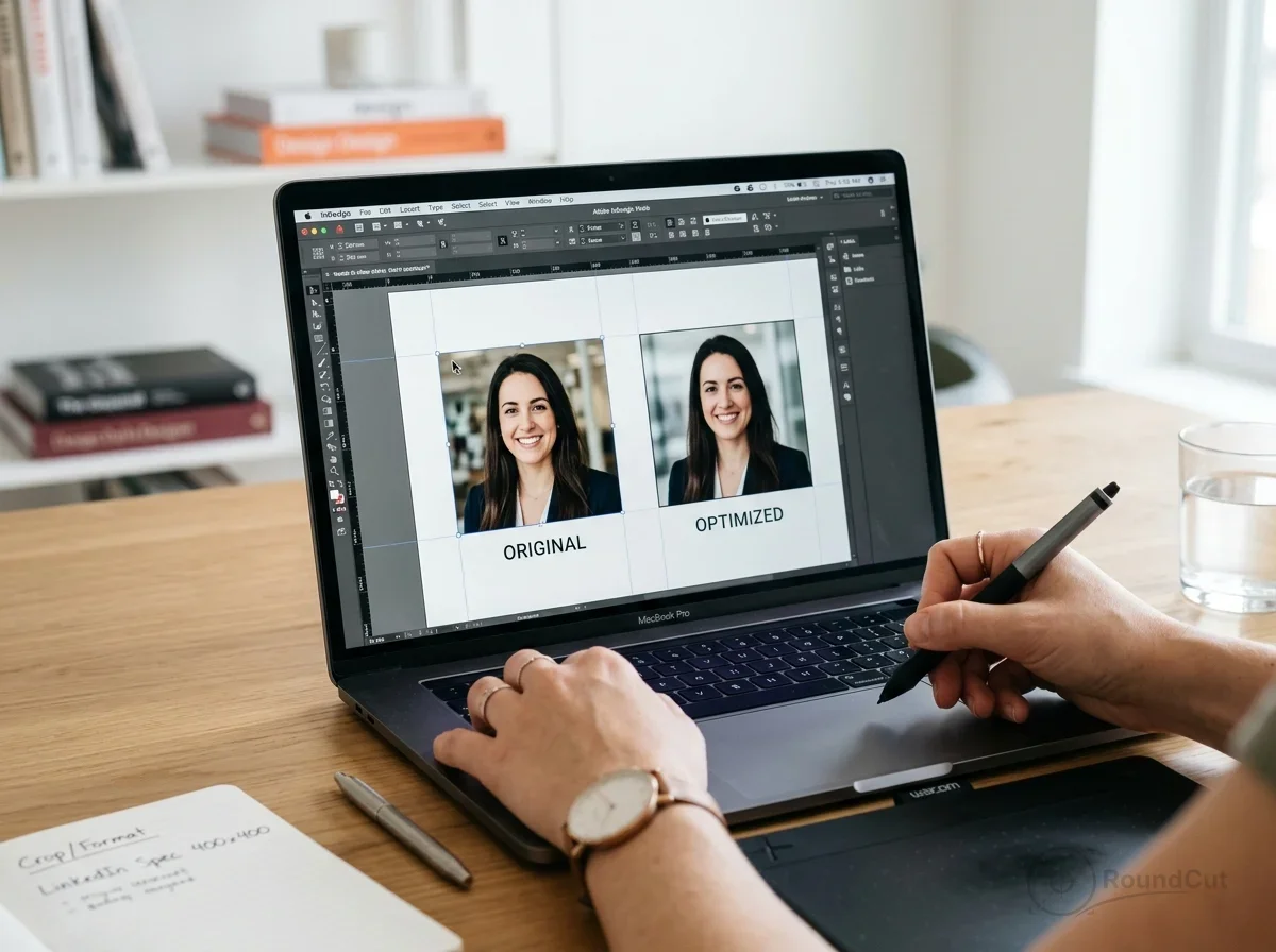 A person uses a MacBook Pro and a Wacom tablet to edit and compare 'Original' and 'Optimized' headshots in Adobe InDesign