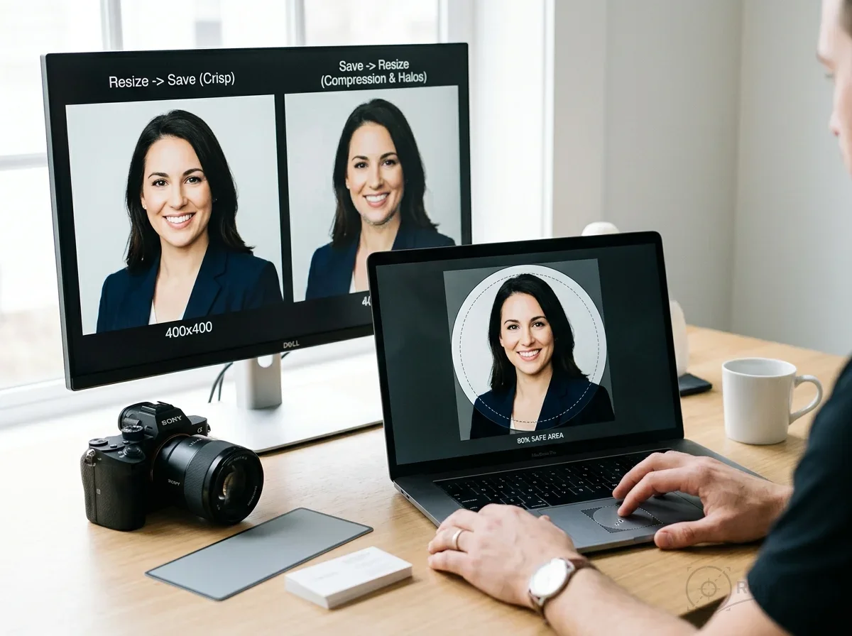 Person cropping a headshot on a laptop for a profile picture, while a monitor displays a comparison of crisp vs...