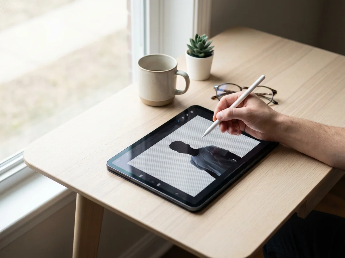 A person's hand uses an Apple Pencil on an iPad displaying a graphic design project on a wooden table.