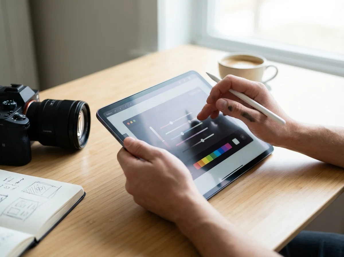 A person edits an image on a tablet with a stylus, alongside a camera and notebook on a wooden desk.