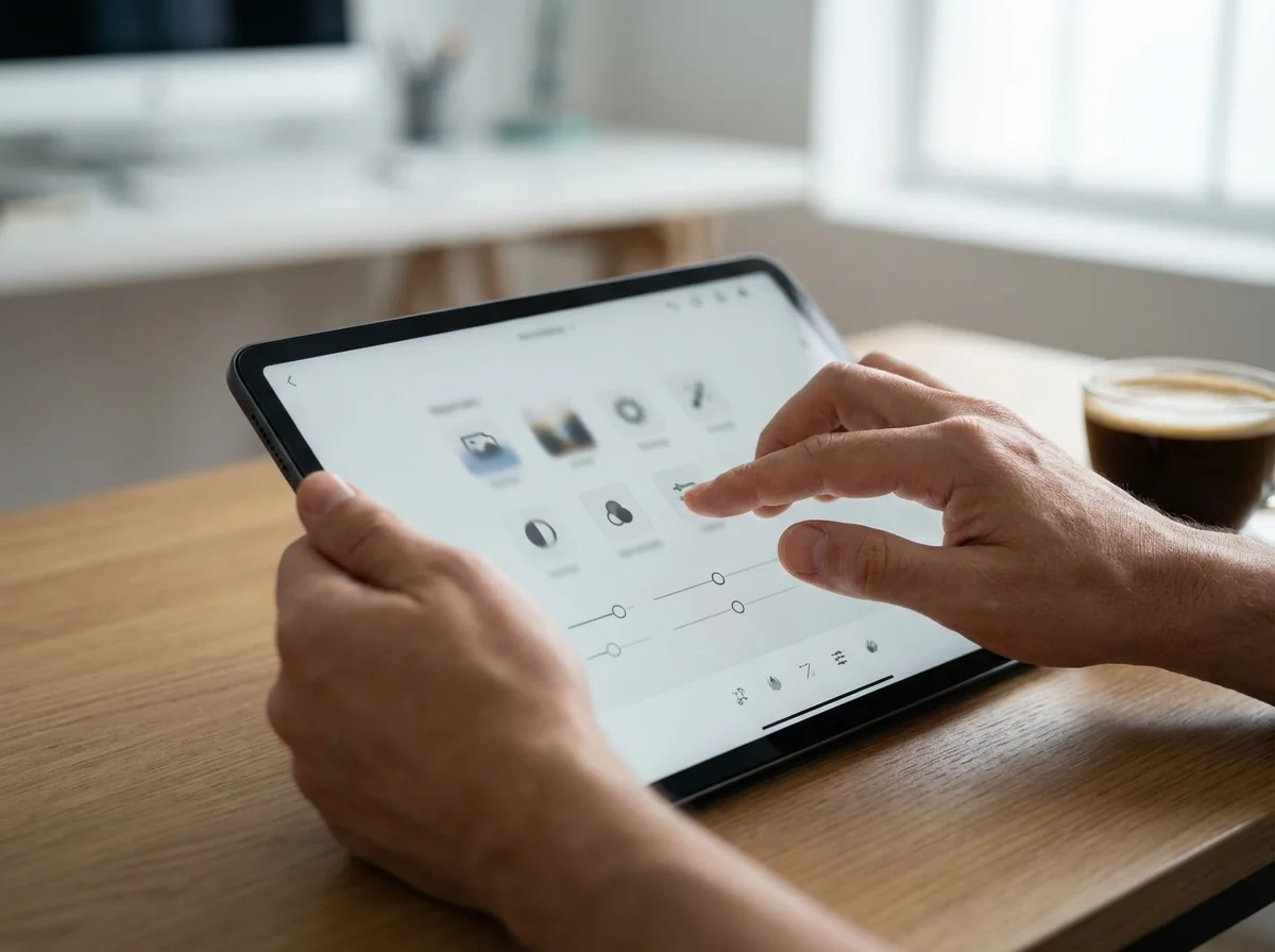 A person is using a tablet with a photo editing interface, with a coffee cup nearby.