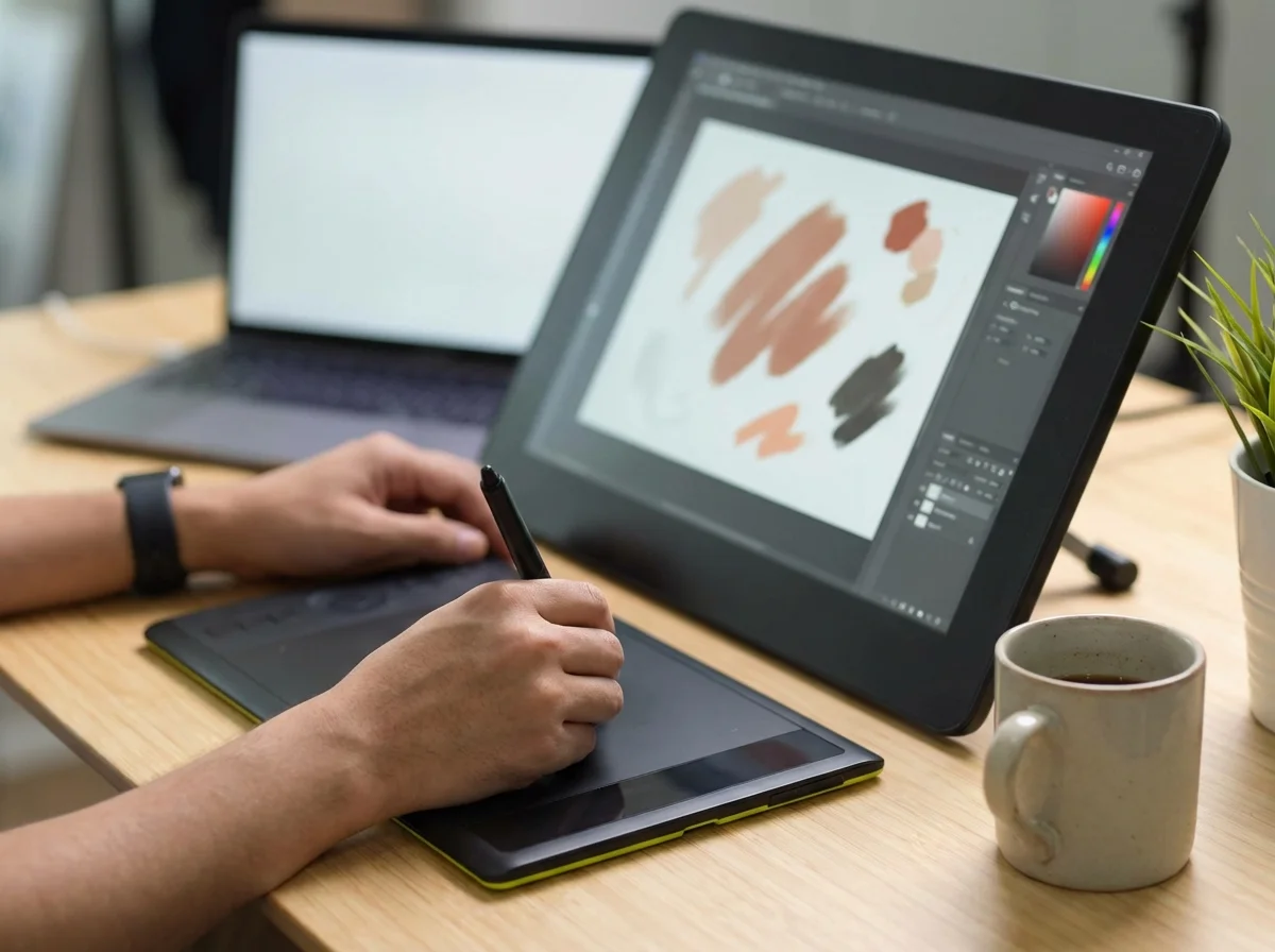 A person's hands drawing on a graphics tablet, with a digital drawing display and laptop on a desk.