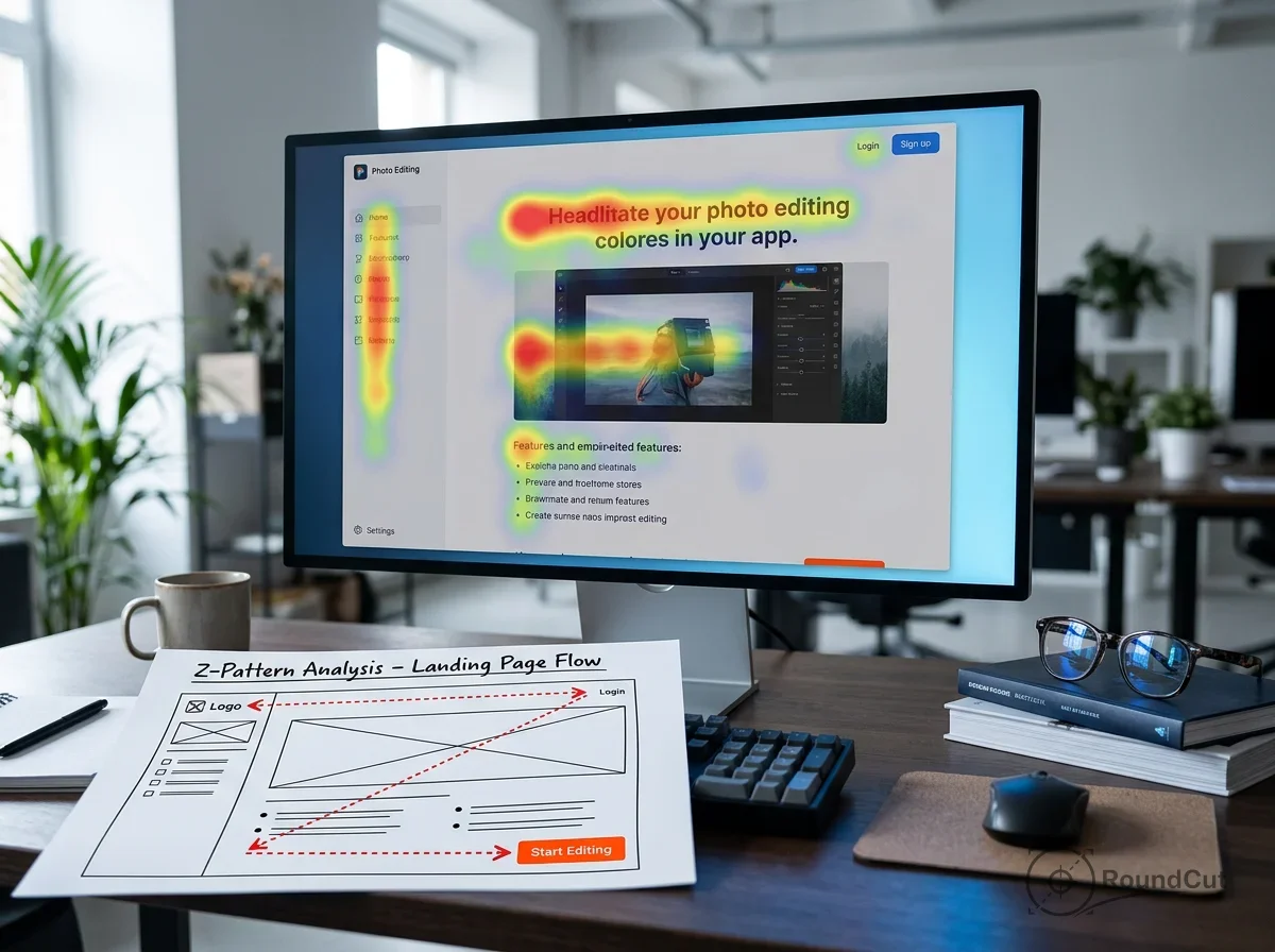 Step-by-step workflow demonstrating F-patterns and Z-patterns guide user attention