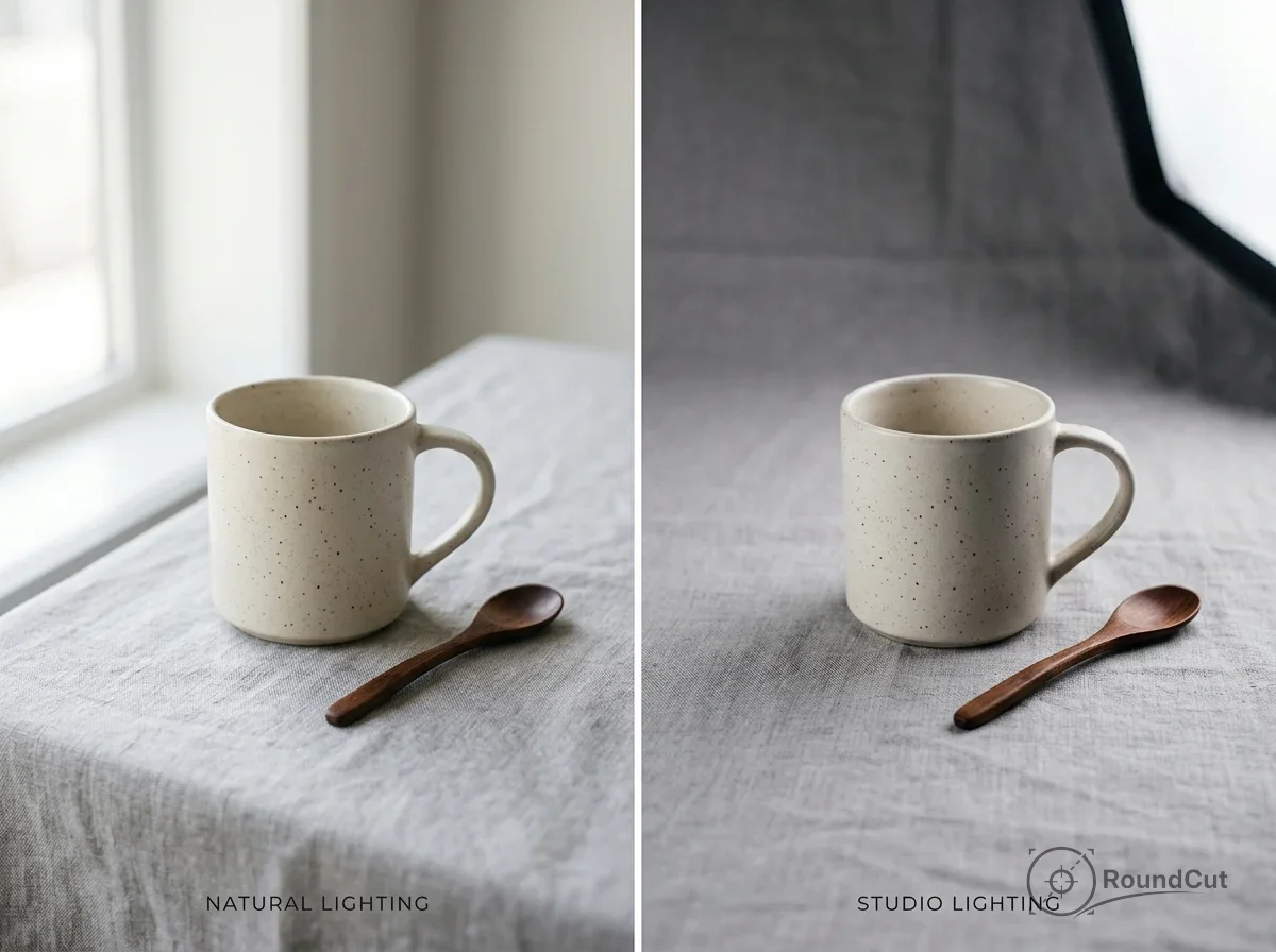 Side-by-side comparison of a speckled ceramic mug and wooden spoon photographed using natural window light versus...