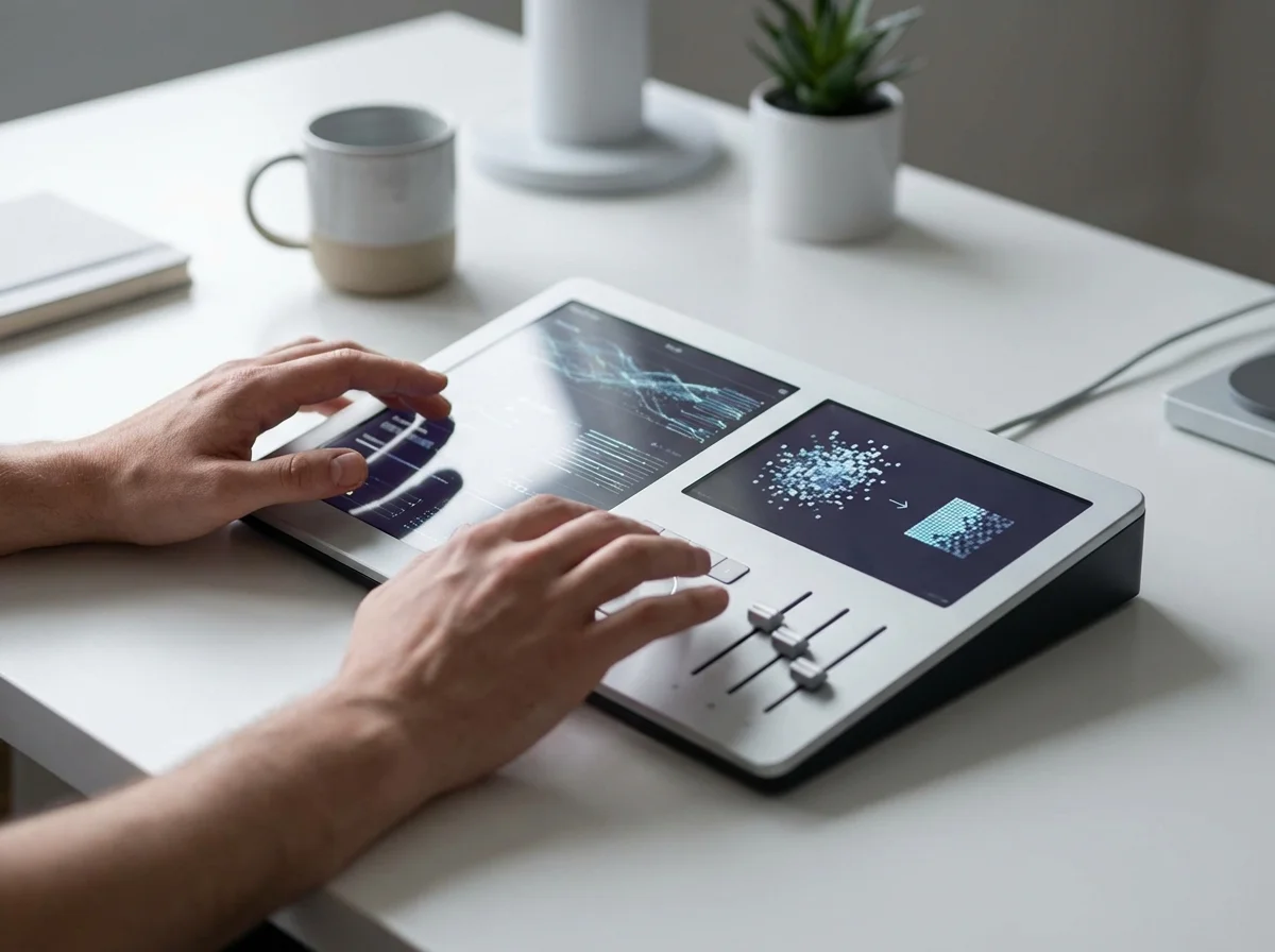 Hands operate a modern creative control surface with screens and sliders on a clean white desk.