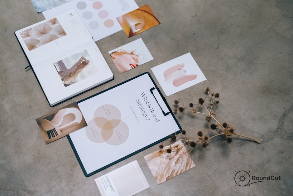 A flat lay showcasing a branding strategy document on a clipboard surrounded by mood board images, a notebook, and color...