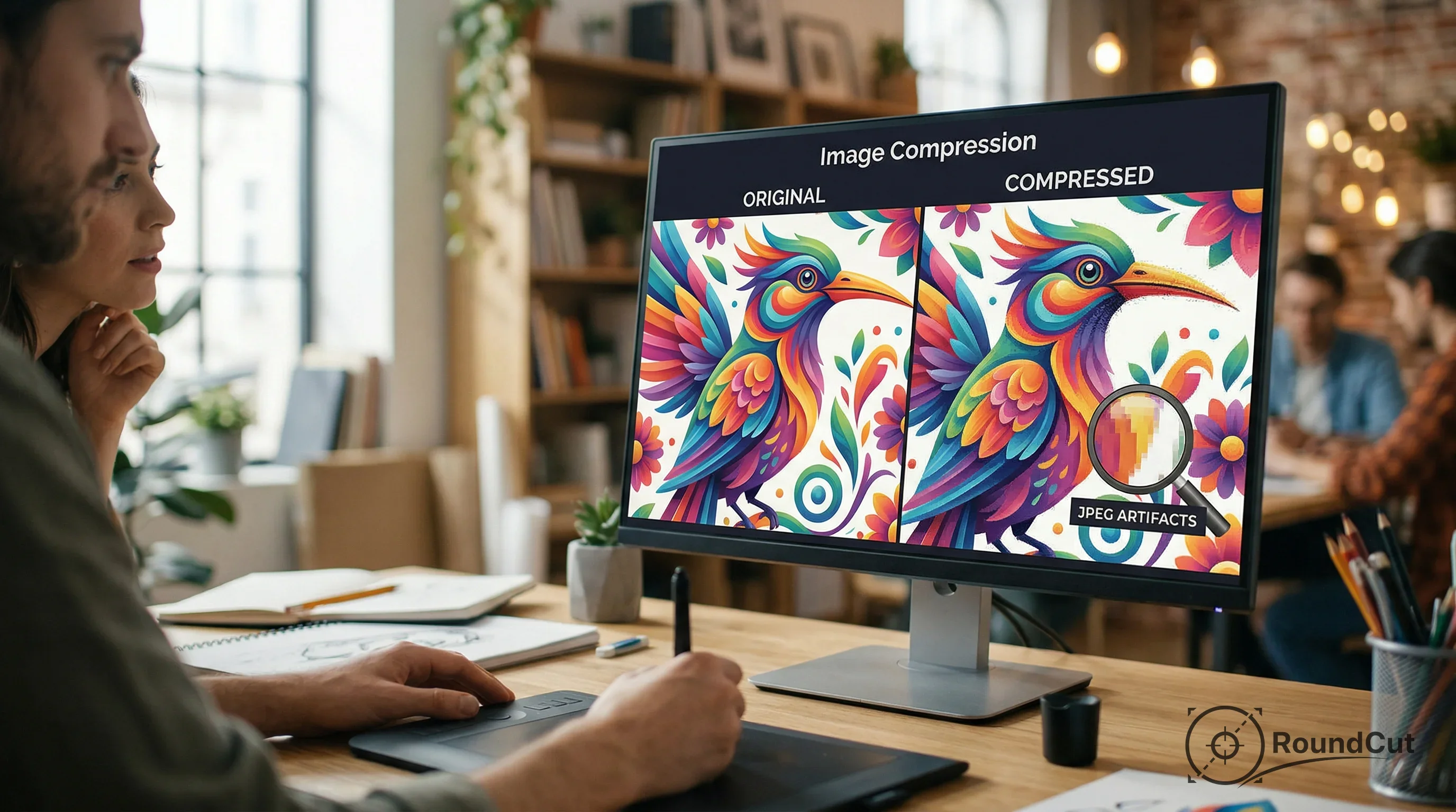A graphic designer uses a tablet while a colleague observes a monitor displaying a side-by-side comparison of original