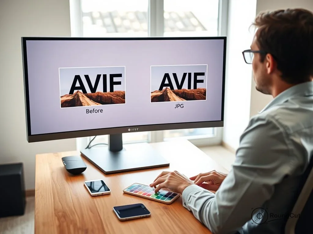 A man at a desk compares image quality between AVIF (Before) and JPG formats on a monitor, surrounded by smartphones and...
