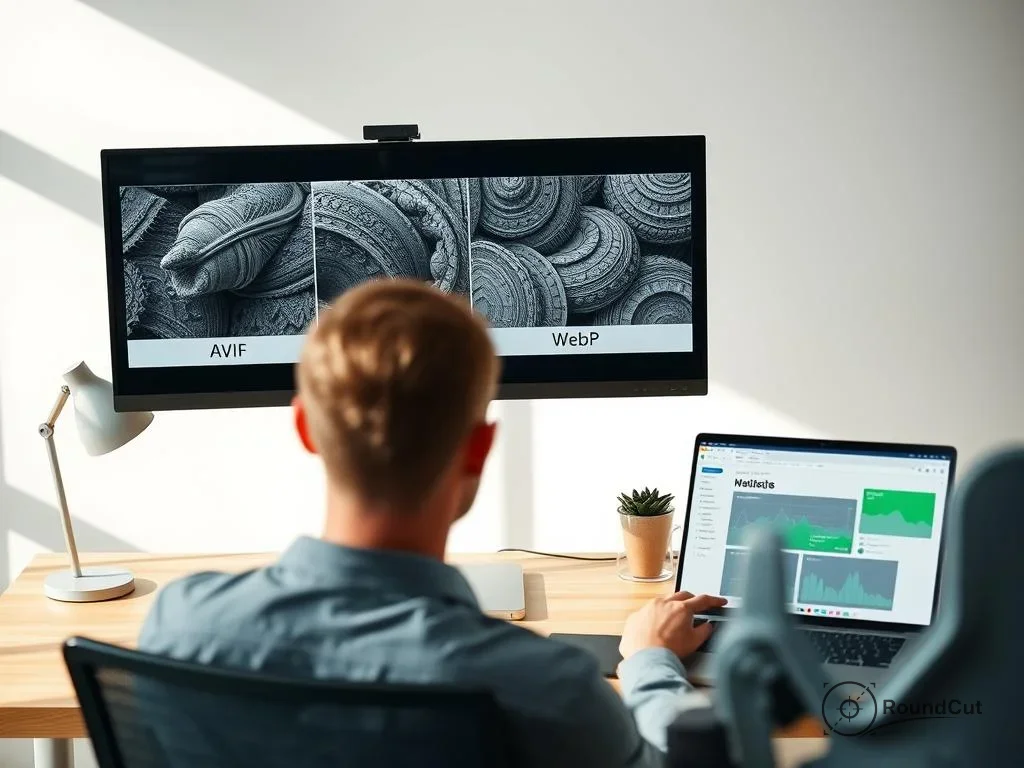 A person evaluates image compression formats (AVIF vs WebP) on a large monitor while simultaneously working on a laptop...