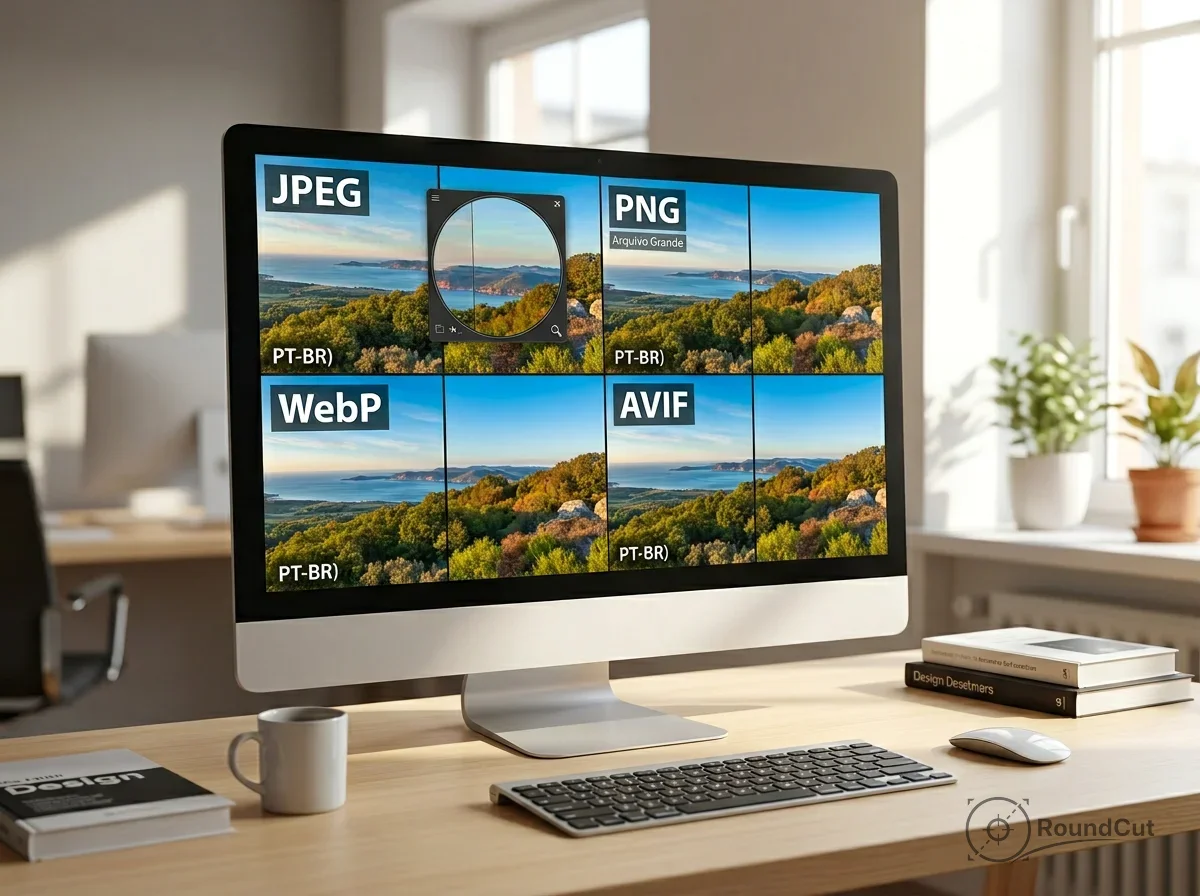 Comparação lado a lado mostrando escolher o melhor formato (JPEG PNG WebP AVIF) para cada tipo de imagem