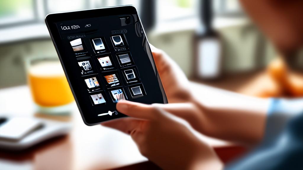 Hand holding a smartphone showing a product grid, other hand adjusting a crop box on a tablet