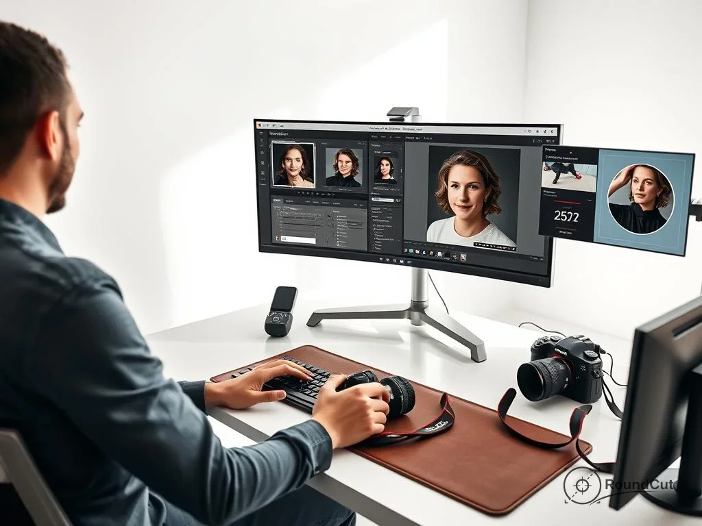 Man edits portraits on dual monitors, showcasing a photography workflow with a DSLR camera and specific software interfaces