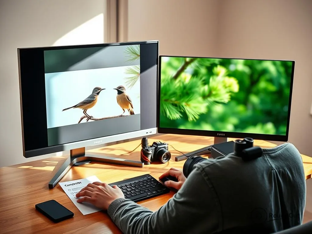 Photographer editing nature photos on a dual monitor setup, using a keyboard and mouse, with a camera around their neck