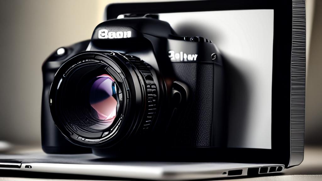 Câmera DSLR apontada para uma foto de produto na tela do laptop, luz de estúdio suave