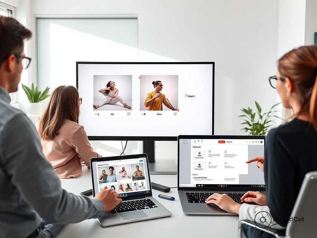 Three colleagues review image options on a large display and work on laptops, demonstrating a collaborative digital workflow